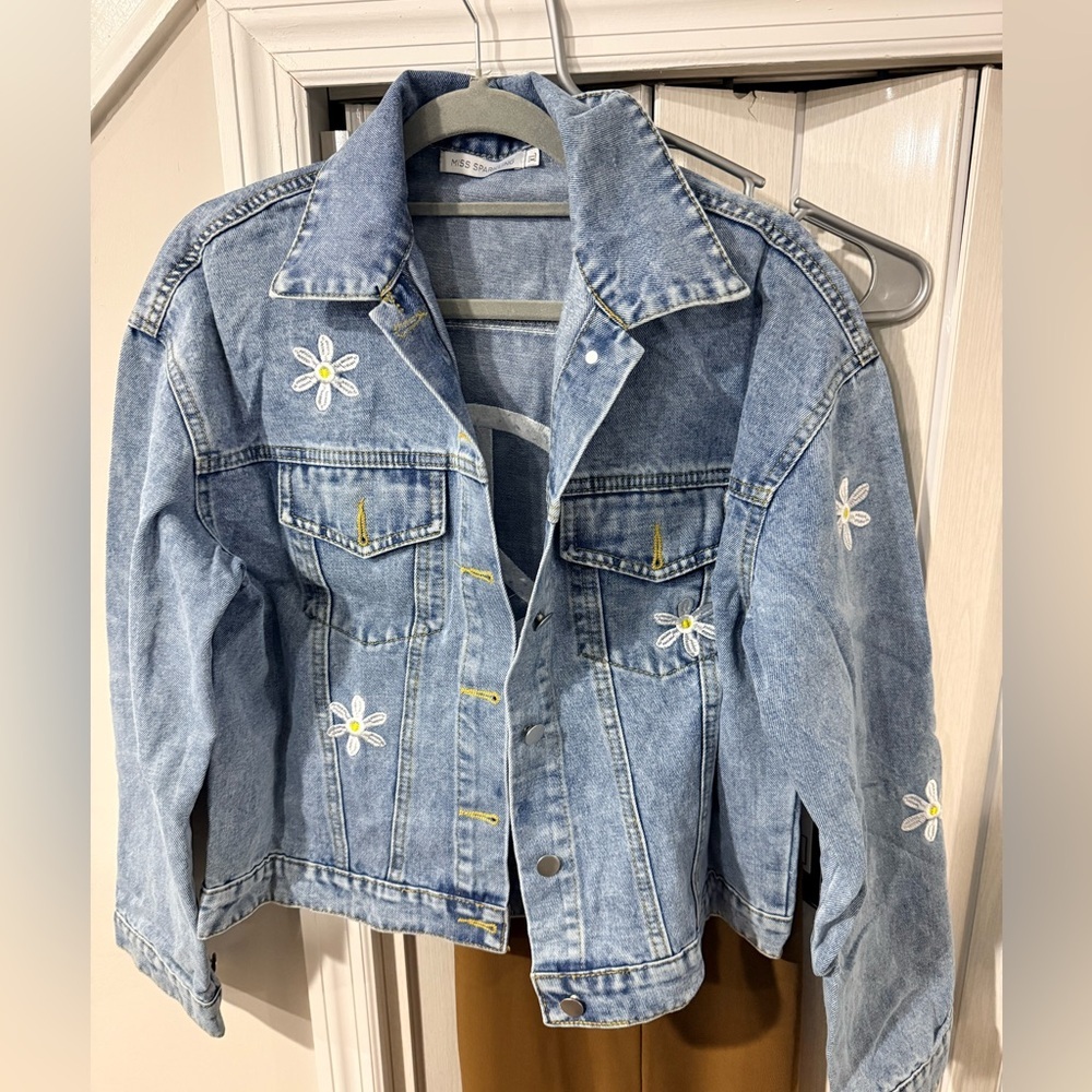 New nwt Miss sparkling denim jean jacket embroidered peace sz S L XL - Picture 2 of 5